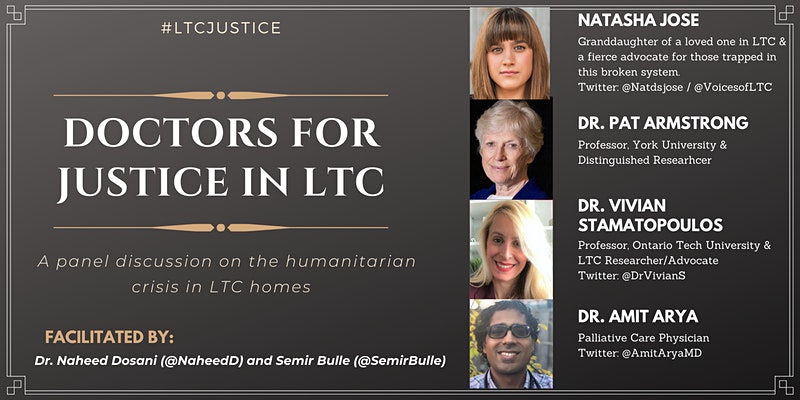 Event poster titled 'Doctors for Justice in LTC,' listing four panelists taking part.