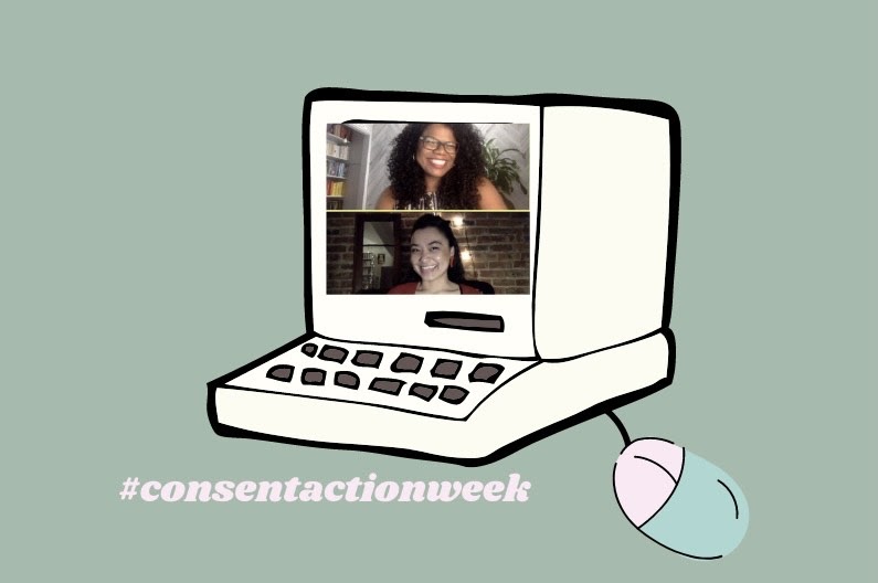 a cartoon image of a computer with screenshots of two women from a live Zoom call pasted on top of each other on the computer screen