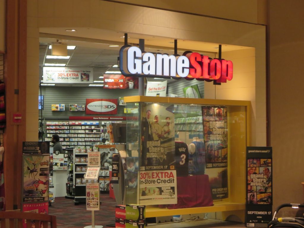 the outside of a GameStop store in a mall