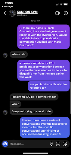 a facebook messaging exchange between a ryersonian reporter and the individual who messaged guardado