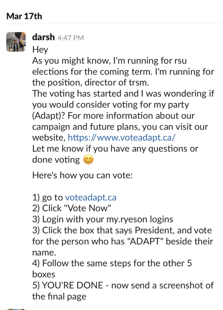 a screenshot of a Slack message from an Adapt team member telling someone to vote