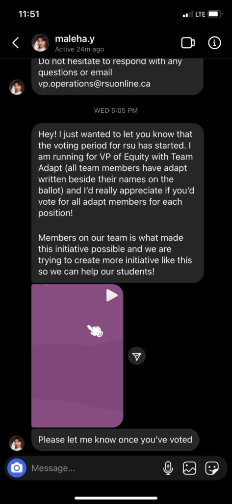 a screenshot of the RSU executive sending messages to get an individual to vote for them
