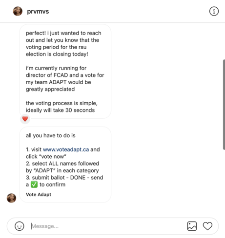 a screenshot of an Instagram message from an Adapt team member telling someone to vote