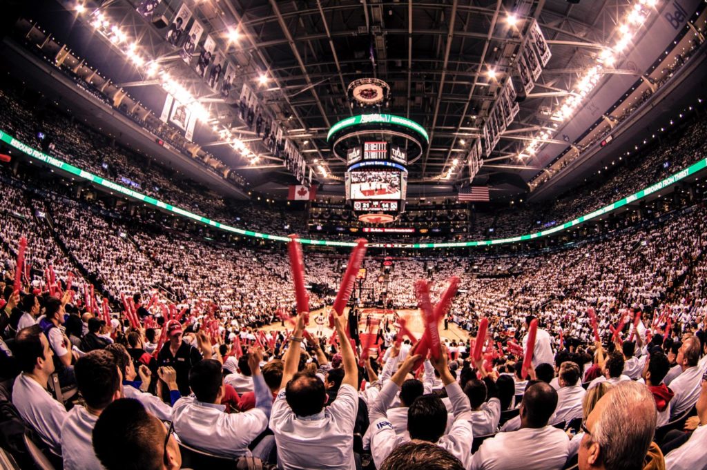 A crowd cheers on the Toronto Raptors at Scotiabank Arena