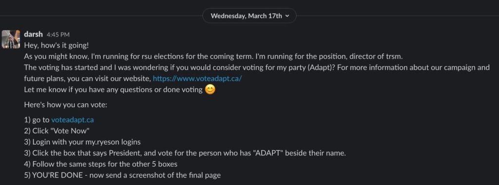 a screenshot of a Slack message from an Adapt team member telling someone to vote