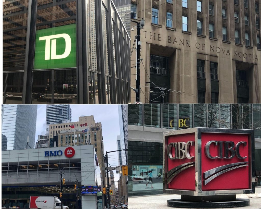 a collage of four banks: TD Bank, BMO, CIBC and the Bank of Nova Scotia