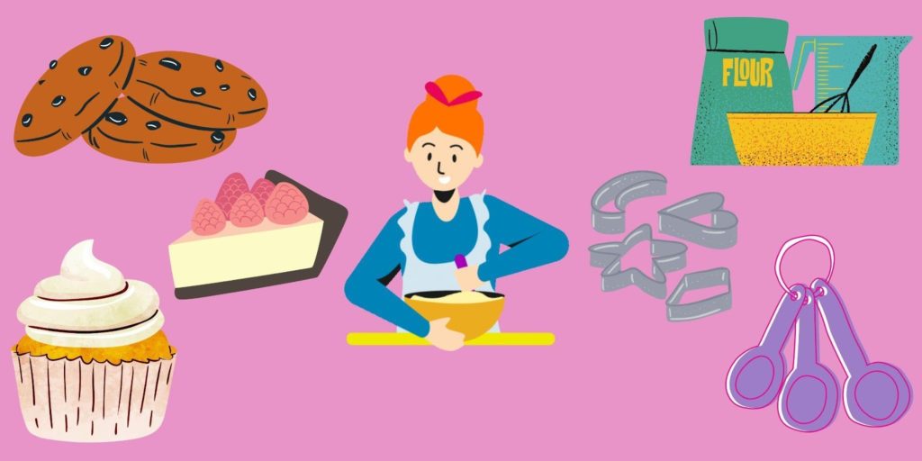 a cartoon image of a woman baking with various cakes and pies and baking supplies around her