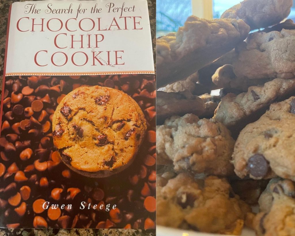 a side by side image of a chocolate chip cookie box and cookies