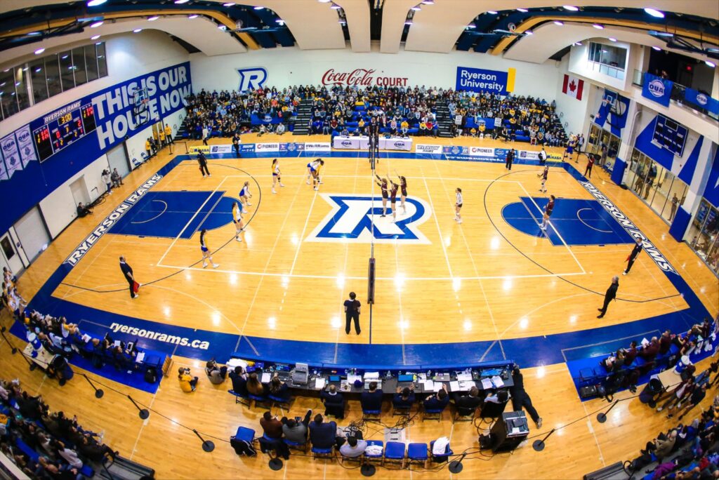 Fisheye lens shot of volleyball game at Mattamy Athletic Centre