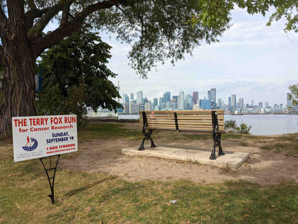 Toronto skyline with Terry Fox sign on Ward’s Island