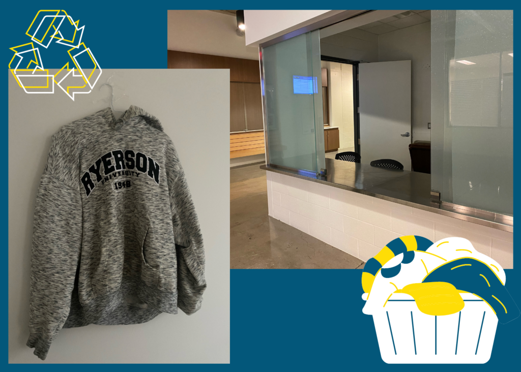 Grey sweater with Ryerson text next to empty office.