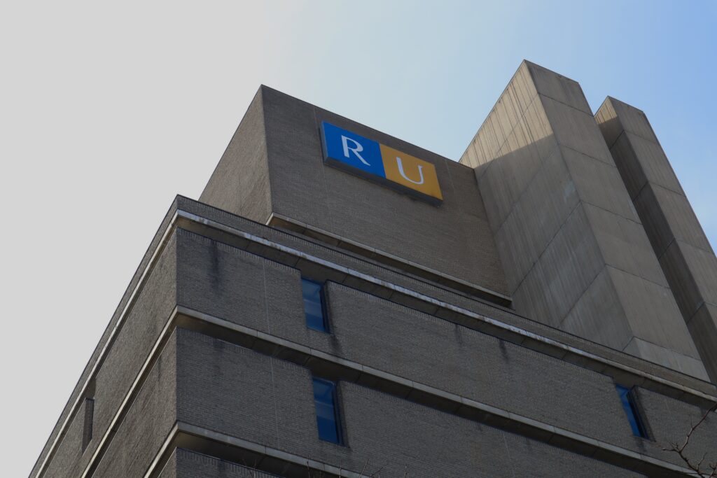 ru sign on Toronto Metropolitan University building in downtown Toronto