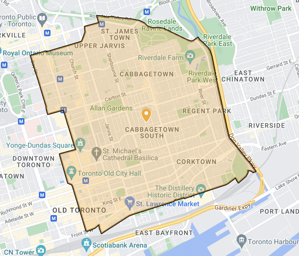 Screenshot of Google Maps highlighting Ward 13 in Toronto.