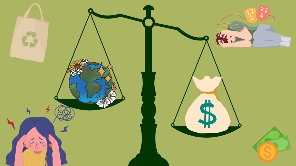 A scale with a bag of money on one side and the earth on the other. The money bag is weighing the scale down.