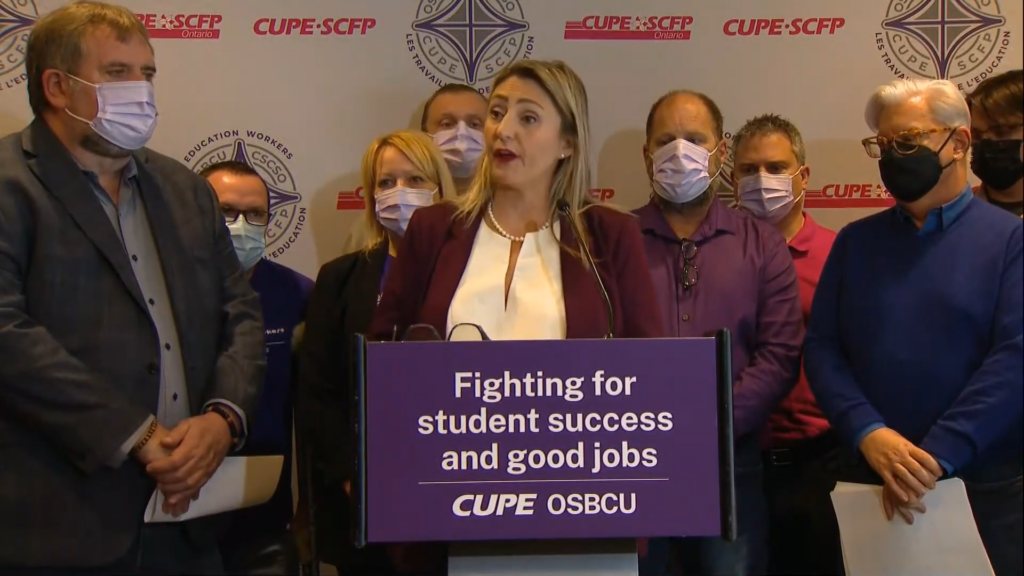Laura Walton, educational assistant and president of CUPE-OSBCU, speaking at a press conference