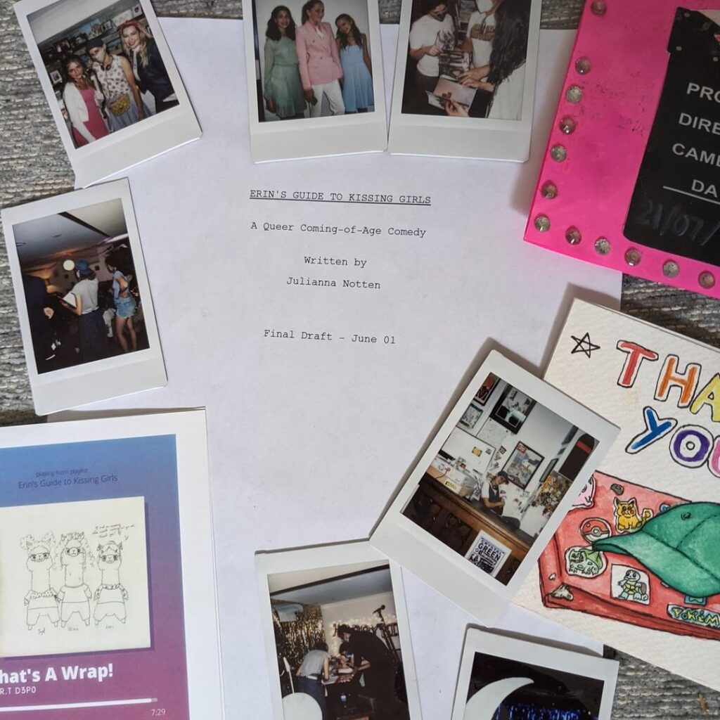 Behind-the-scenes polaroid photos surround the Erin's Guide script. (Instagram: julesnotts)