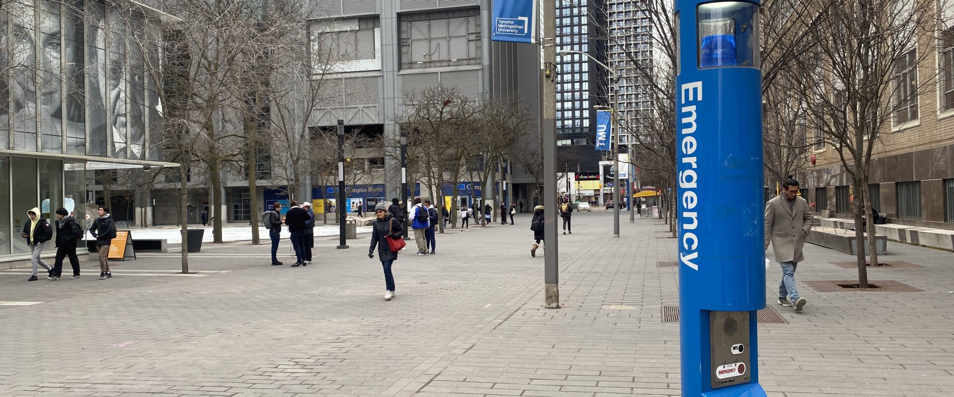Photo of a blue emergency pole on campus.