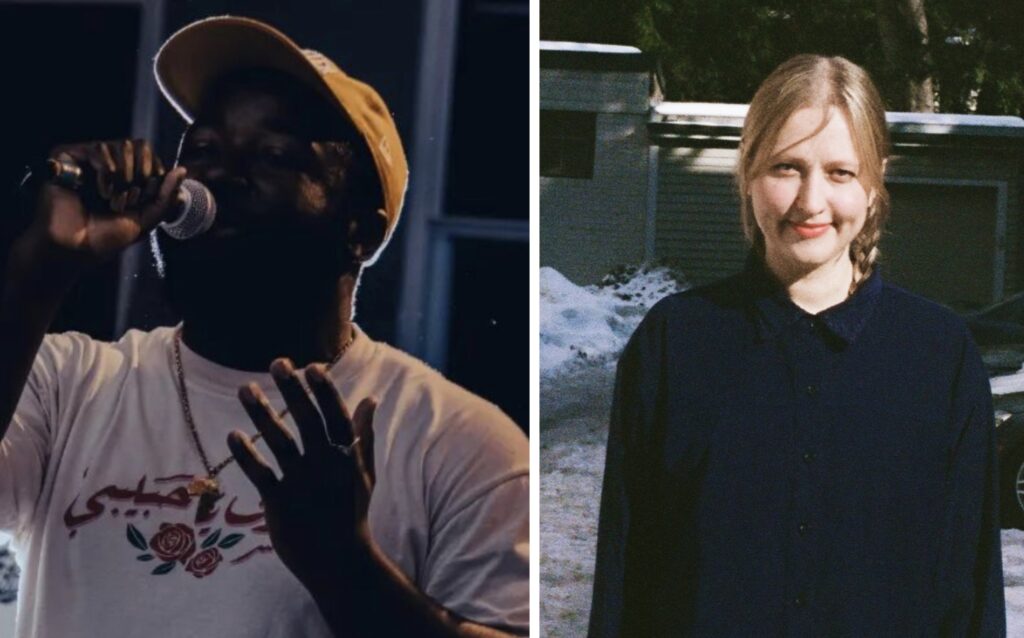 SUPER FREDDY singing into a microphone and Eliza Niemi smiling on a street in front of the snow.