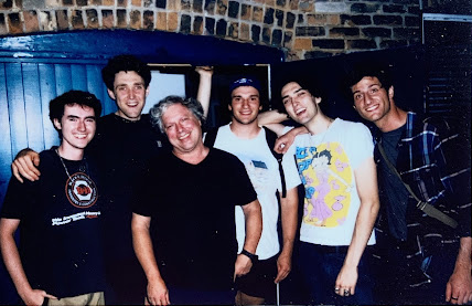 Photo of Wyatt Garvin, Tristan Surman, Wyeth Robertson, Ethan Surman and Tyler Moretti of The Neighbourhood Watch (photographed with sound engineer John Critchely).