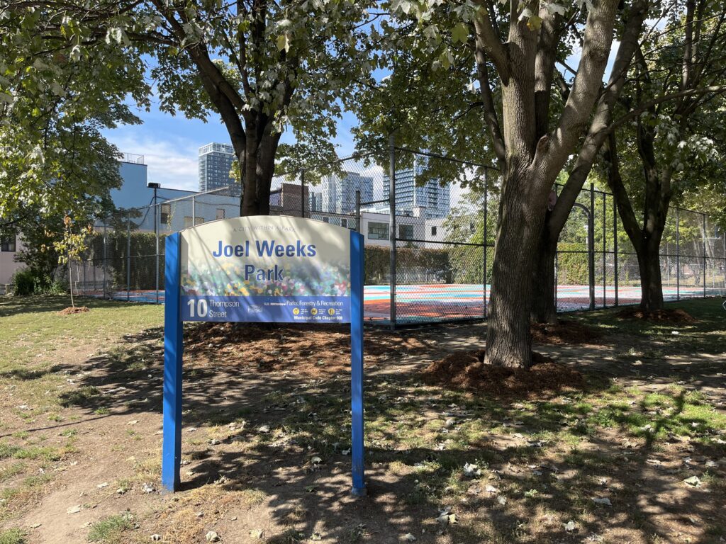 Joel Weeks Park sign in front of WNBA court.