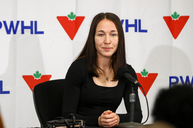 (Team Canada defenseman Jocelyne Larocque speaks to the media after being selected second overall by the PWHL Toronto Franchise.