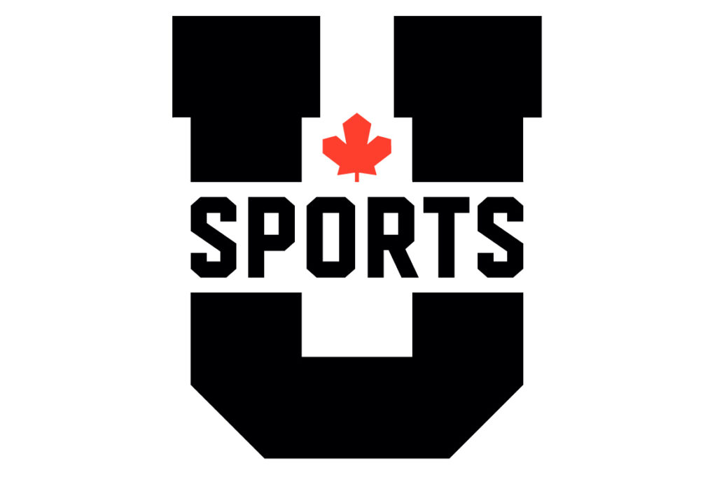 A large letter U with the word sports cutting through it and a red maple leaf.