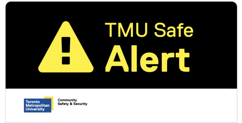 yellow writing on black background reads "TMU Safe Alert"