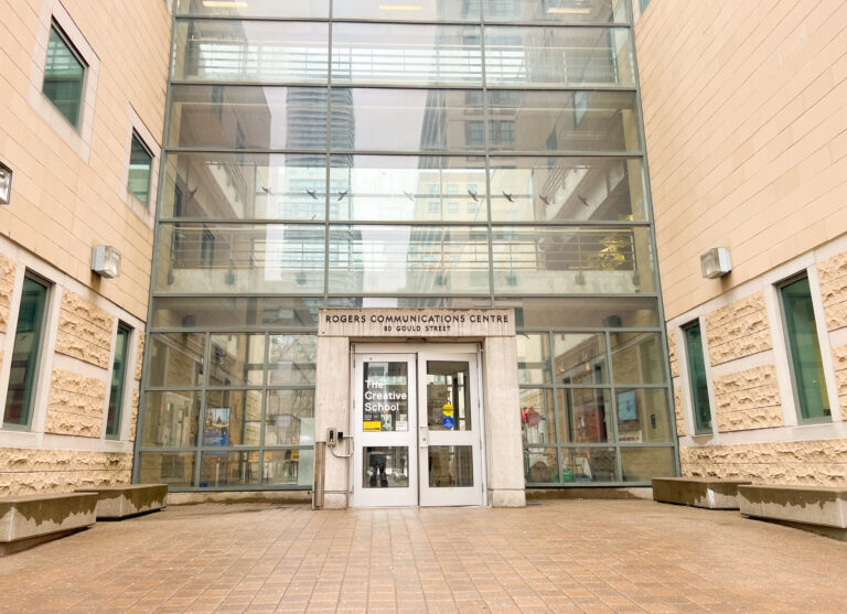The entrance of Rogers Communication Centre (RCC) at Toronto Metropolitan University (TMU).