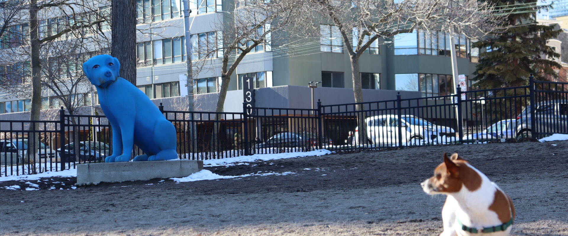 A photo of a dog park featuring a small dog looking back at a blue statue of a dog.