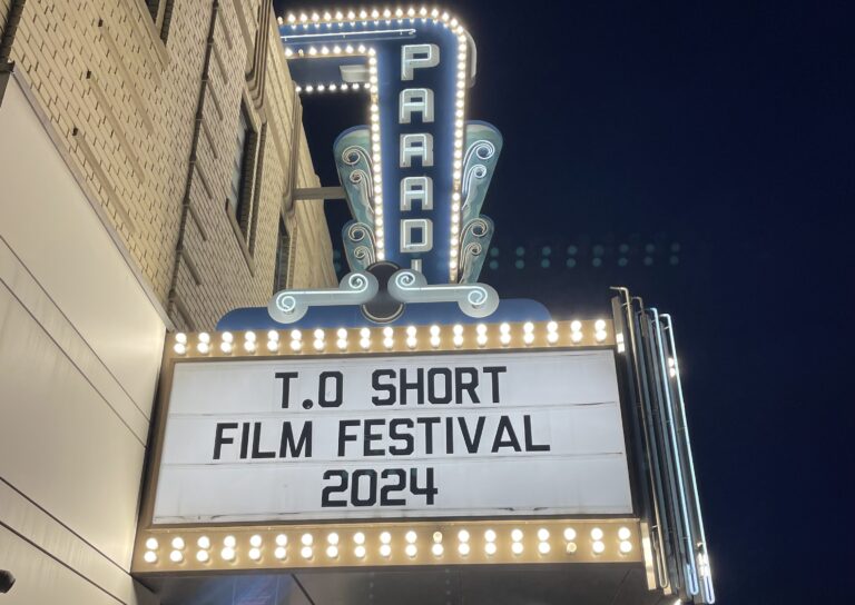 The lit Paradise Theatre sign reads, "T.O Short Film Festival 2024".