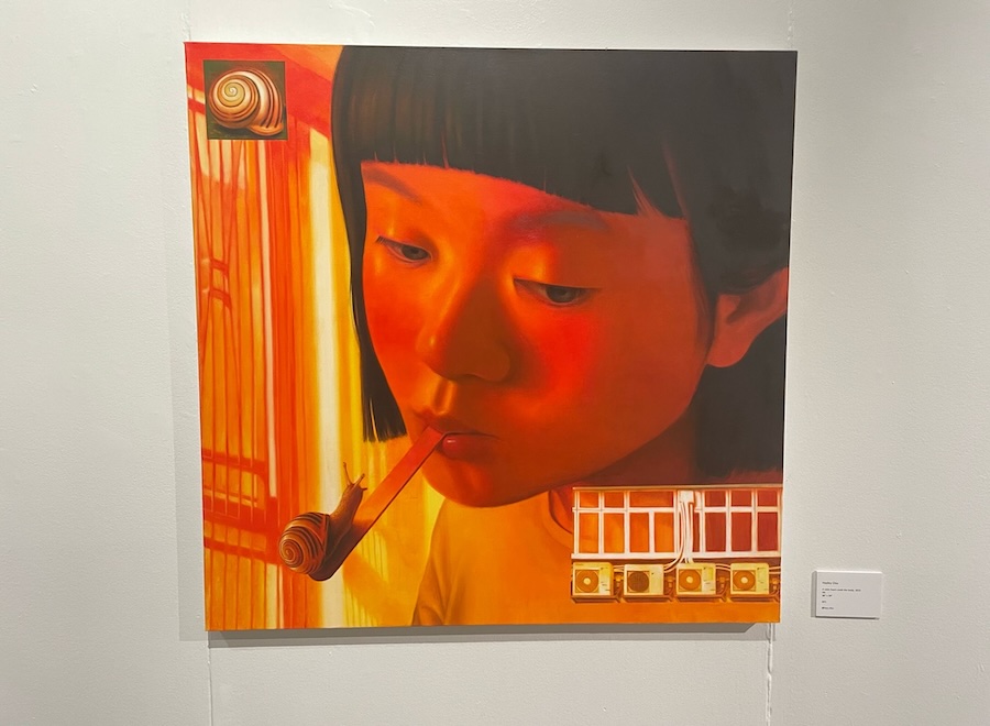 Painting in red and yellow of an Asian woman holding a stick with a snail at the end between her lips.