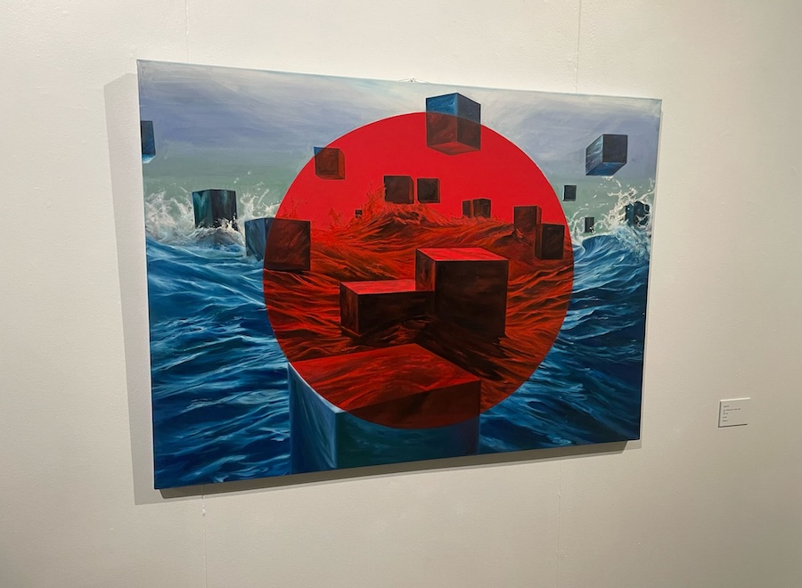 Painting of blue water, white waves and floating boxes with a red circle in the middle.
