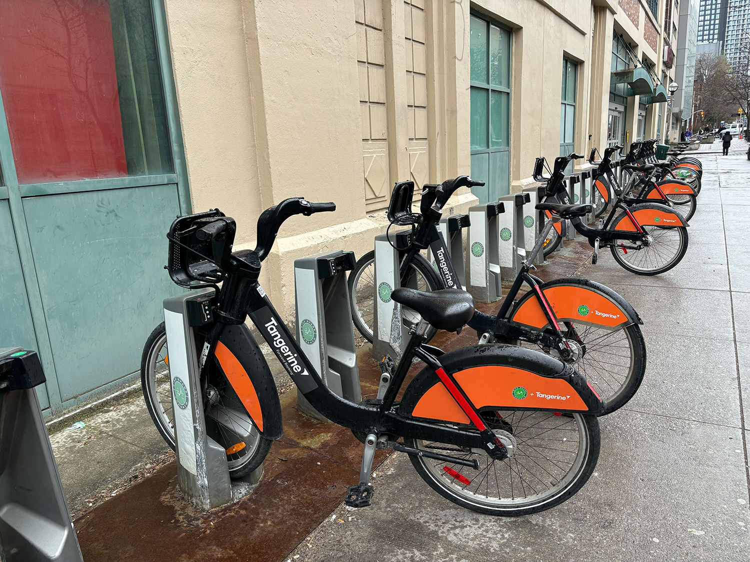 Photo of a row of bikes locked into their Bikeshare mounts.