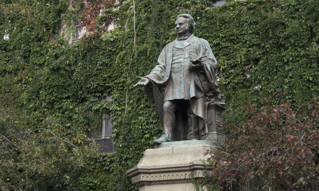 A photo of the statue of Egerton Ryerson on campus.