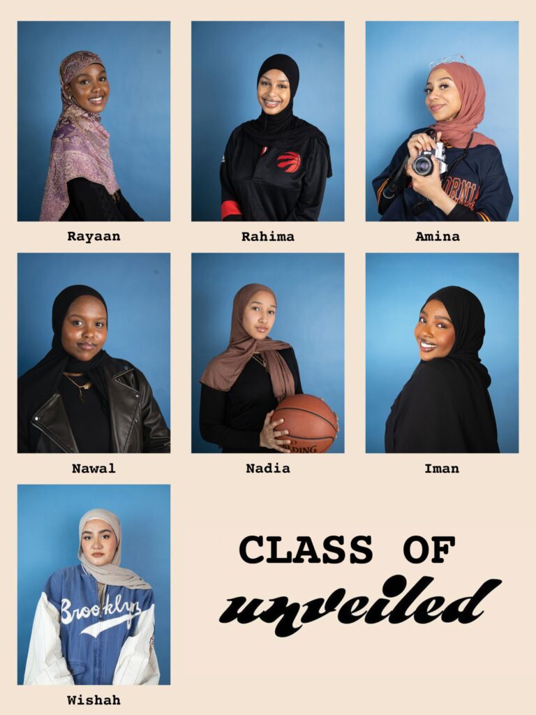 Poster of 6 artists and one curator. Yearbook book style poster featuring 7 women, each woman has their first name directly under their photo. With the words "Class of Unveiled" on the bottom left. 
