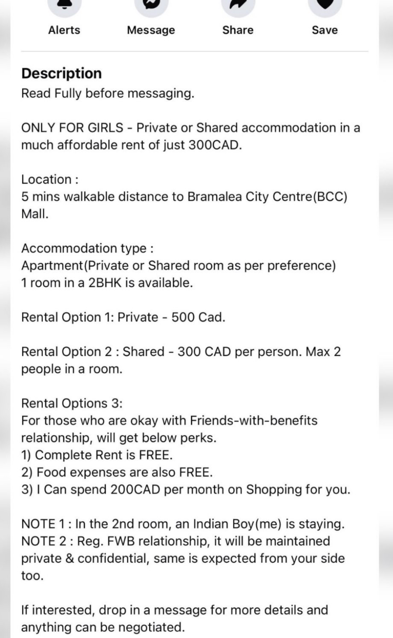 A screencap of a rental listing with three options, the third option being a 'friends-with-benefits' arrangement in which rent and food will be free. 