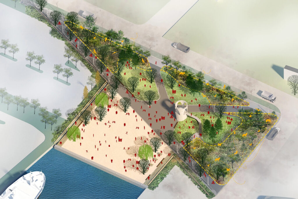 This image is an early design of the Leslie Lookout parl. It displays the layout of the park and the prospected natural areas where to plant trees and the wildlife that could live there.