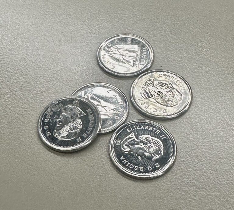 A photo of a bunch of Canadian coins on a table.