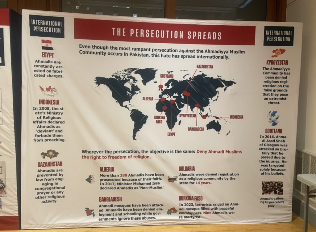 A poster mapping the international spread of persecution against Ahmadis, with details about specific countries such as Egypt, Indonesia, and Burkina Faso where hate and violence against Ahmadis persist.