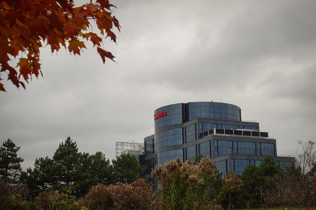 Seneca's Markham campus surrounded by trees.