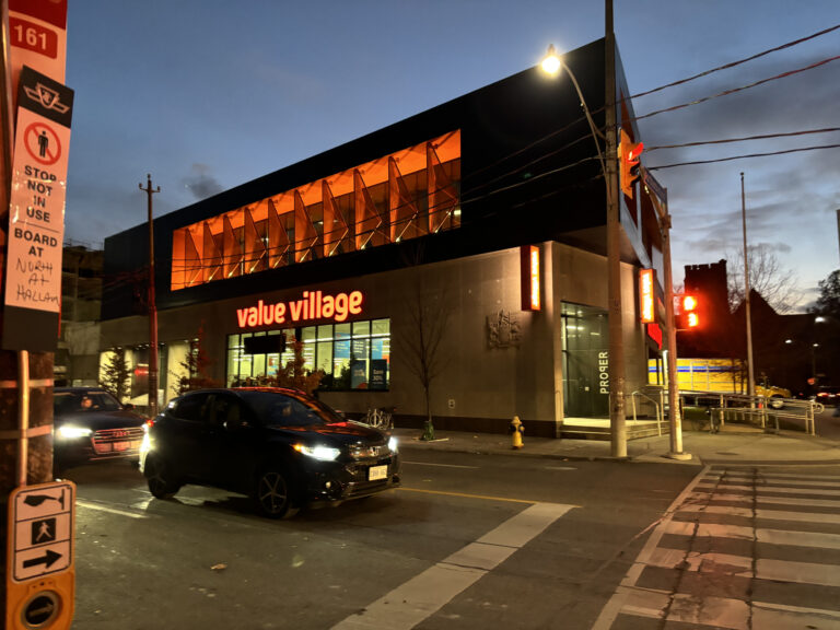 Value Village storefront after sunset.