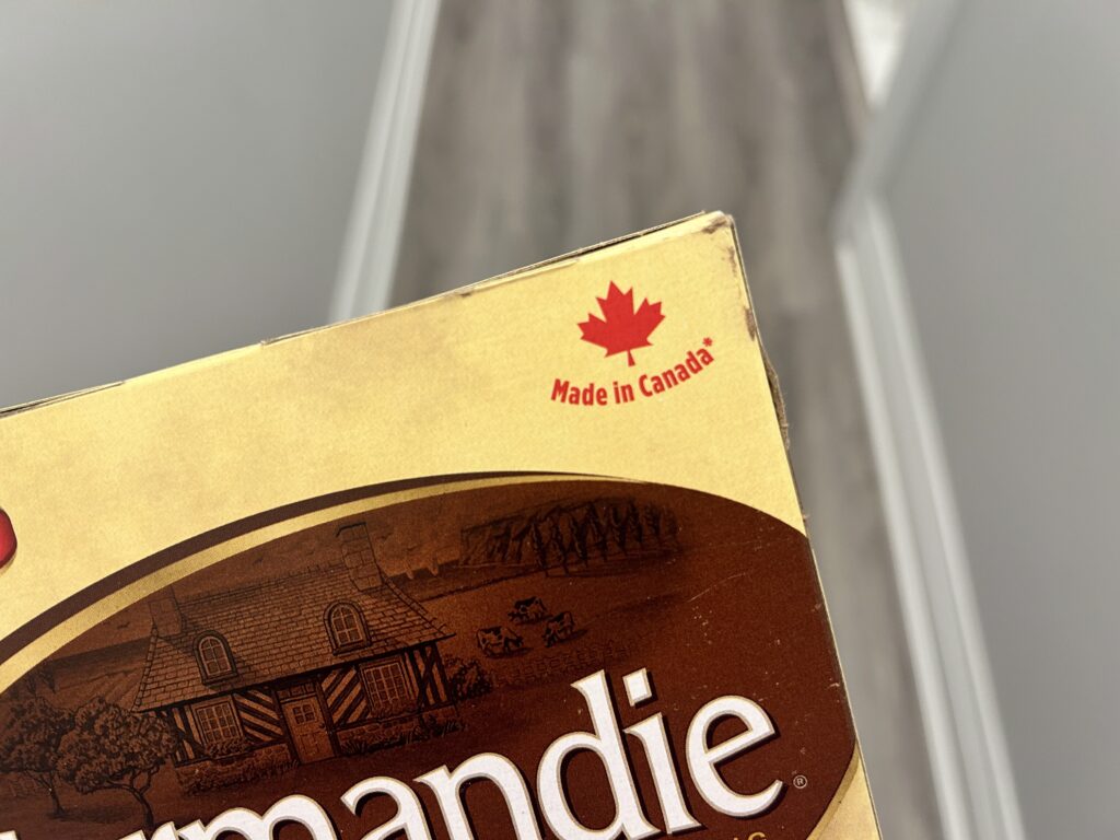 A photo of the corner of a cookie box with a Made in Canada logo in the corner.