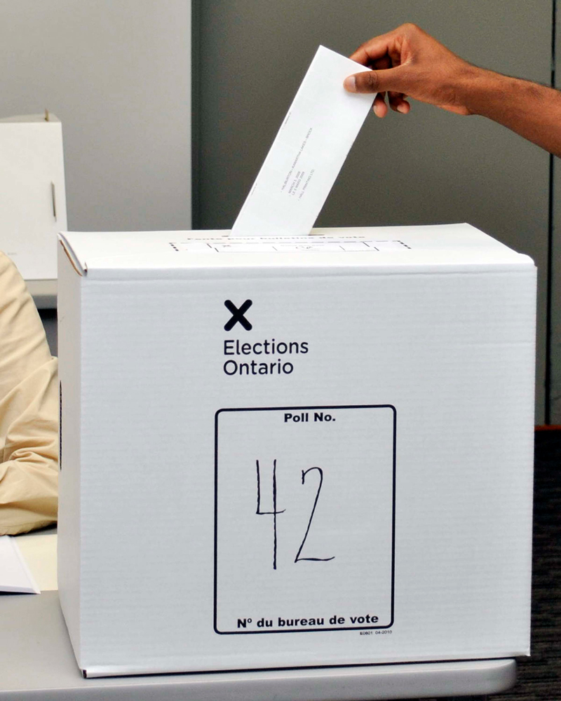 A photo of a hand inserting a vote into a ballot box labelled Elections Ontario.