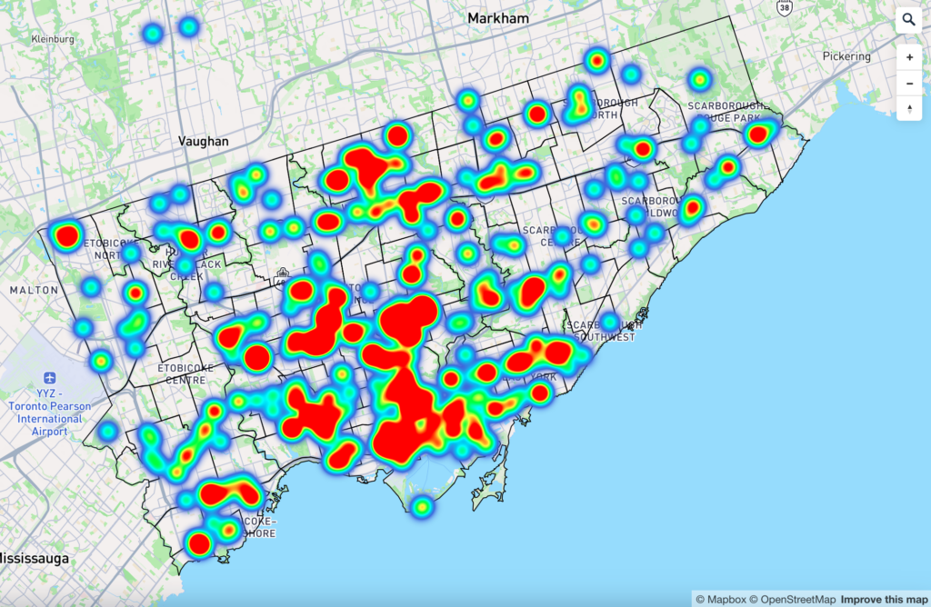 This is a screenshot of a heatmap made by Laura Hull of development applications in Toronto.