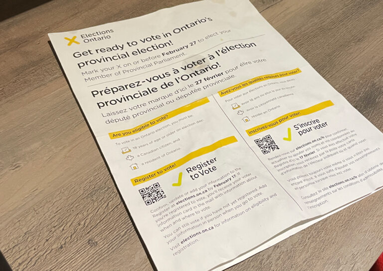 A photo of a registration pamphlet mailed out to eligible Ontario voters in Feb. 2025.