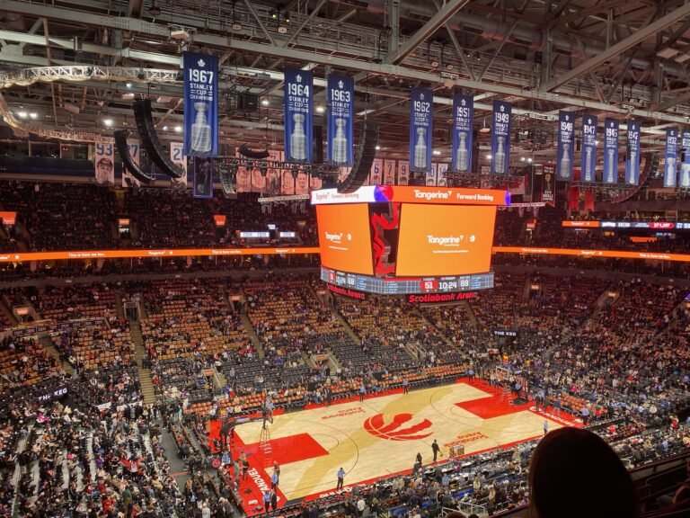 A look from above of the court where the Toronto Raptors play at Scotiabank Arena.