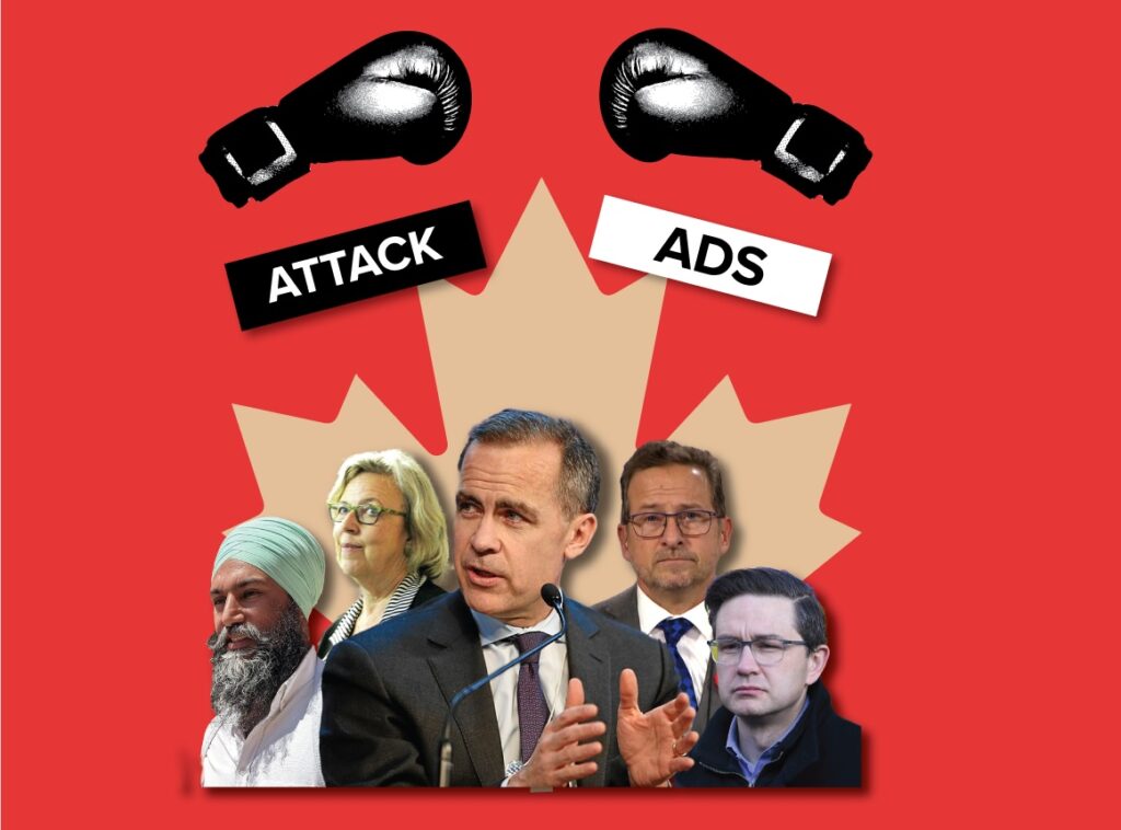 A red background with images Pierre Poilievre and 4 other politicians in front of a mapleleaf. The top has two boxing goves with the words attack ads underneath.