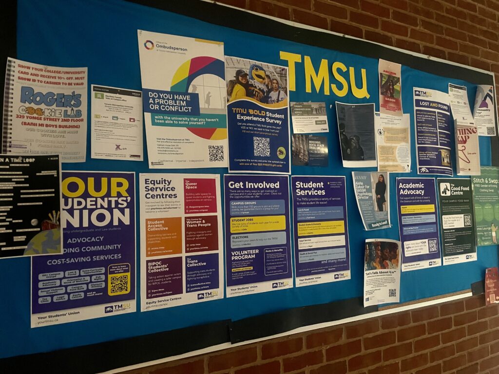A blue bulletin board covered with brightly coloured posters.
