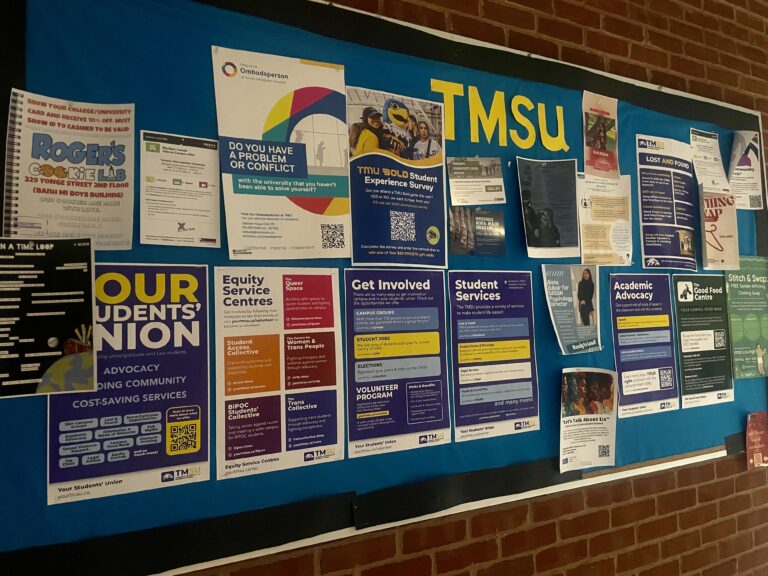 A blue bulletin board covered with brightly coloured posters.