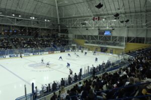 Alt text – A wide-angle photo of people in a full hockey arena watching a hockey game.